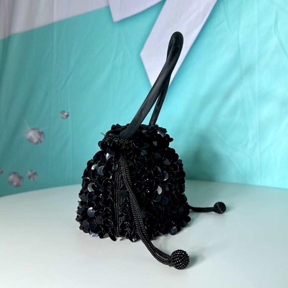 90s Y2K BEADS SEQUINS drawstring bucket bag. Evening bag Holiday dance like New - Picture 4 of 10